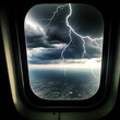 © ADDICTIVE STOCK - Generative AI illustration of dramatic view through airplane window of dark gloomy sky with heavy clouds during thunder with lightning