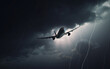 © ADDICTIVE STOCK - Generative AI illustration of low angle of dramatic view of airplane flying in dark gloomy sky with heavy clouds during thunderstorm with lightning