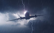 © ADDICTIVE STOCK - Generative AI illustration of low angle of dramatic view of airplane flying in dark gloomy sky with heavy clouds during thunderstorm with lightning