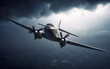 © ADDICTIVE STOCK - Generative AI illustration of low angle of dramatic view of airplane flying in dark gloomy sky with heavy clouds during heavy rain