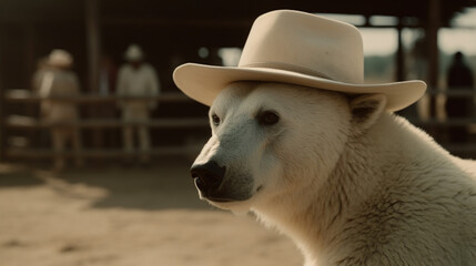 Wall Mural - Polar Bear on a farm wearing a straw hat Generative AI 