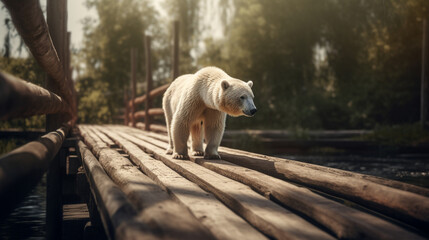 Canvas Print - Polar Bear on a wooden bridge Generative AI 