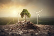 © ADDICTIVE STOCK - Generative AI illustration of green tree growing on soil hill with building materials around and windmills on background in evening in countryside
