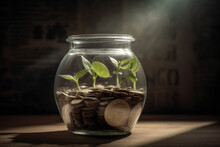 Generative AI Illustration Of Verdant Springs Growing In Glass Jar Full Of Coins Against Dark Background In Daylight