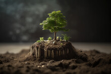 AI Generated Image Of Lush Wood With Verdant Leaves Growing On Piece Of Soil In Selective Focus