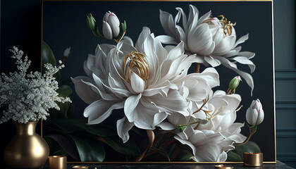 Wall Mural - White flowers in bloom against a dark hazy background, Generative AI