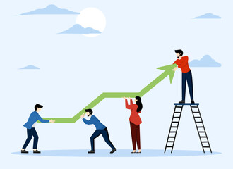 work together or working together to improve efficiency concept, Team growth, team work to help improve work and achieve success, help business people push green graph and up arrow graphic.