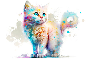Naklejka na meble Watercolor rainbow white kitten, Generative AI

