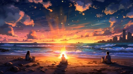 Wall Mural - Japanese anime style bonfire on the beach wallpaper