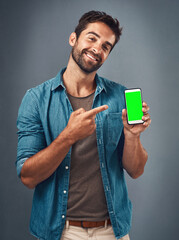 Wall Mural - I know a good app when I see one. Studio shot of a handsome young man showing a mobile phone with a green screen against a grey background.