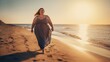 Happy woman with obesity walks along seacoast at sandy beach, beautiful sunlight with fresh air on seashore, very fat body positive female in beach dress not shy and walking outdoor, generative AI