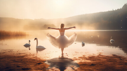 Wall Mural - Female ballet dancer on swan lake in golden hour haze, prima ballerina assoluta dancing on swan lake among swans, smooth movements of ballet woman performer in white tutu dress, generative AI