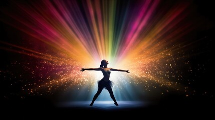 Wall Mural - Female ballet dancer silhouette in multicolored glitter sparkles spotlight beam dark background, prima ballerina assoluta dancing on stage of theater, smooth movements of ballet dancer, generative AI