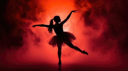 Wall Mural - Female ballet dancer silhouette in red smoke on dark background, prima ballerina assoluta dancing on stage of theater, smooth movements of ballet woman performer in black red tutu dress, generative AI