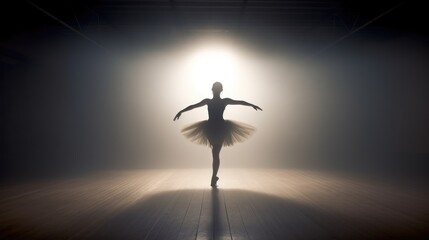 Wall Mural - Female ballet dancer silhouette in spotlight beam dark background, prima ballerina assoluta dancing on stage of theater, smooth movements of ballet woman performer in white tutu dress, generative AI