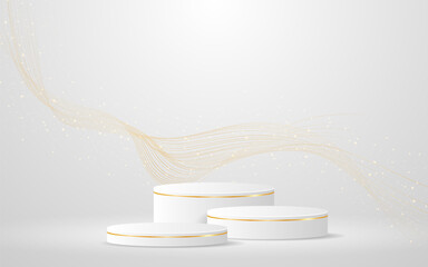 Multi-layered white podium with elegant gold wave lines on the back for product presentation. Display of cosmetic products. Stage or podium. vector illustration

