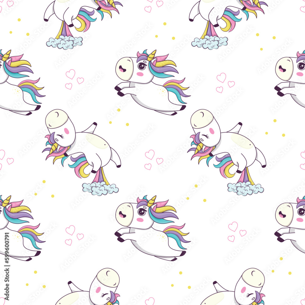 Seamless pattern with cute kawaii unicorn with rainbow mane and horn in ...