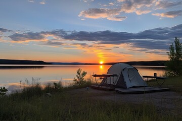 Sticker - campsite setup with a view of the sunset over the lake, created with generative ai