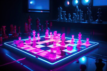 Wall Mural - neon chess game with glowing pieces in futuristic setting, created with generative ai