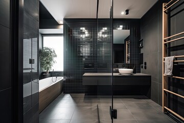 Poster - minimalist home bathroom with sleek shower and black tile, created with generative ai