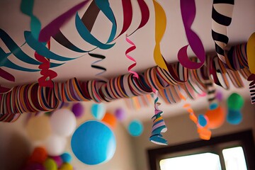 Wall Mural - paper streamer hanging from ceiling, with other party decorations and favors in view, created with generative ai