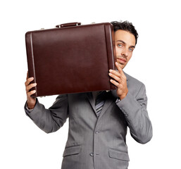 Wall Mural - Portrait, briefcase and PNG with a business man isolated on a transparent background for professional work. Corporate, welcome and hiding with a handsome young male employee carrying a suitcase