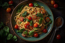 Pasta With Sautéed Spinach And Cherry Tomatoes On A Vintage Ceramic Plate, Food Art, Food Photograph, Generative AI