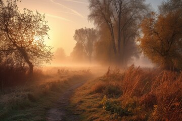 Canvas Print - misty autumn morning, with view of the sun rising over the horizon, created with generative ai