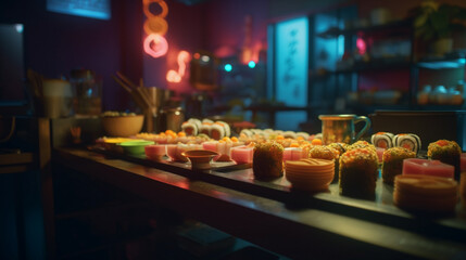 Wall Mural - A trendy Asian fusion restaurant with neon accents Generative AI 