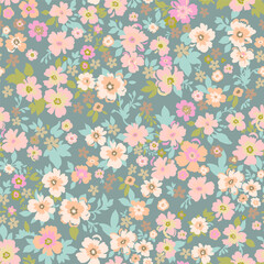 Wall Mural - Seamless vintage pattern. Light green background. Large light pink and light red flowers. Vector texture. Fashionable print for textiles and wallpaper in pastel colors.