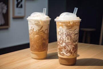 Wall Mural - iced coffee latte with custom illustration on the foam, created with generative ai