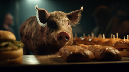 Poster - Pig smelling a tray of burgers and fries Generative AI 