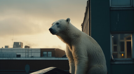 Canvas Print - Polar Bear on top of a building Generative AI 