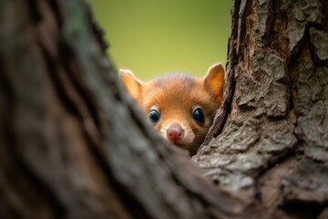 Poster - baby animal peeking out from behind tree trunk, created with generative ai