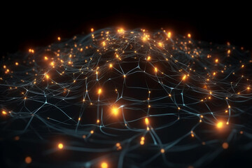 Poster - A vast neural network with glowing connections, isolated on black background. Generative AI
