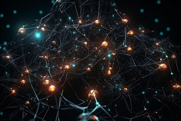Poster - A vast neural network with glowing connections, isolated on black background. Generative AI