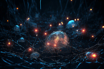 Poster - A vast neural network with glowing connections, isolated on black background. Generative AI
