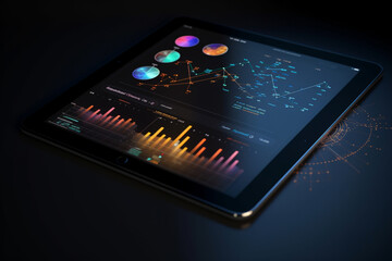 Poster - Conceptual illustration of a tablet displaying analytical data with colorful growth charts. Generative AI