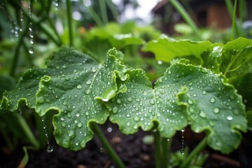 Wall Mural - close-up of lush garden, with dew droplets on the leaves, created with generative ai