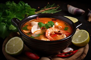 Sticker - bowl of spicy tom yam soup, topped with fresh herbs and lime wedges, created with generative ai