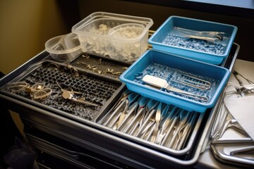 Poster - sterilization tray filled with surgical instruments in preparation for, created with generative ai