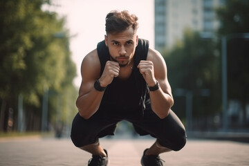 Poster - Athletic young man in sportswear exercising outside. Generative AI
