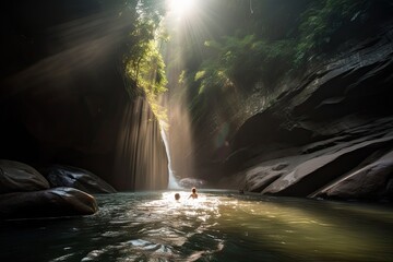 Canvas Print - person, swimming in the pool at the base of dramatic waterfall, with sun shining through, created with generative ai