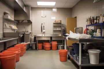 Sticker - commercial kitchen, with bins and buckets of cleaning supplies at the ready, created with generative ai