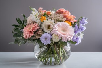 Sticker - vibrant bouquet of pastel flowers in clear vase, created with generative ai