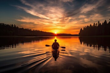 Wall Mural - person, paddling their canoe through tranquil lake, with view of the sunset, created with generative ai