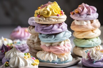 Wall Mural - a stack of meringue cookies, each one topped with a different variety of frosting, created with generative ai