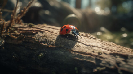 Poster -  Ladybug sunbathing on a tree trunk Generative AI 