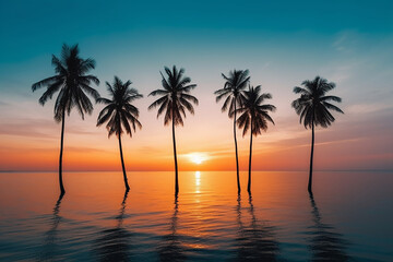 row of palm trees sunset on the beach, AI Generated