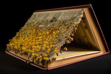 Sticker - pollen-covered book with the pages of the book visible, created with generative ai